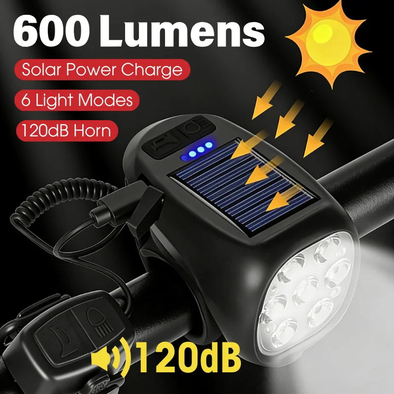 BUCKLOS Solar Bike Light 7 LED 600LM + 120dB Horn, Type-C Bicycle Headlight Nixie