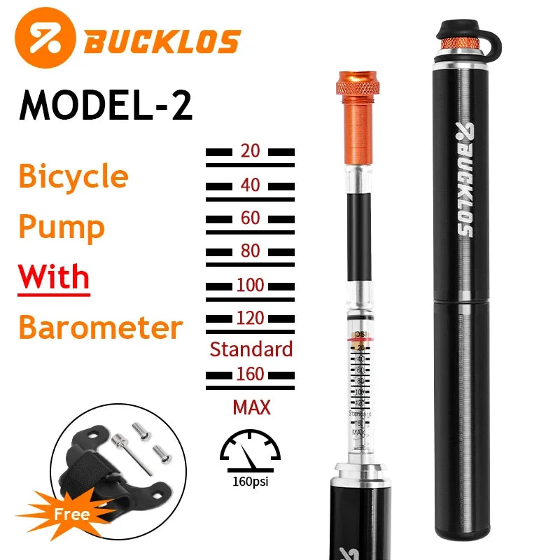 BUCKLOS Mini Bike Pump 160PSI – Schrader & Presta Valve MTB Mini Bike Pump Nixie 02-With Barometer