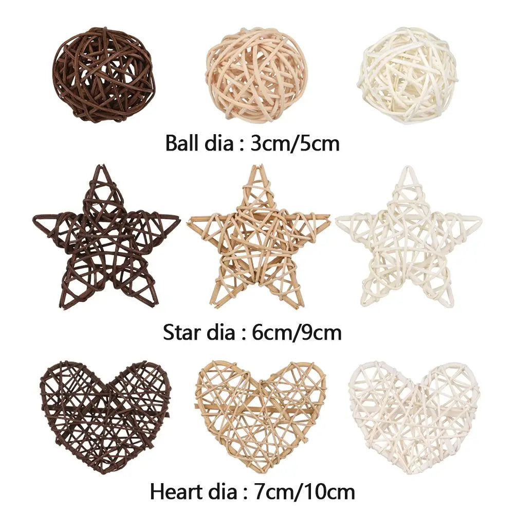 10PCS Rattan Ball Heart Star Ornaments for Home & Party Décor
