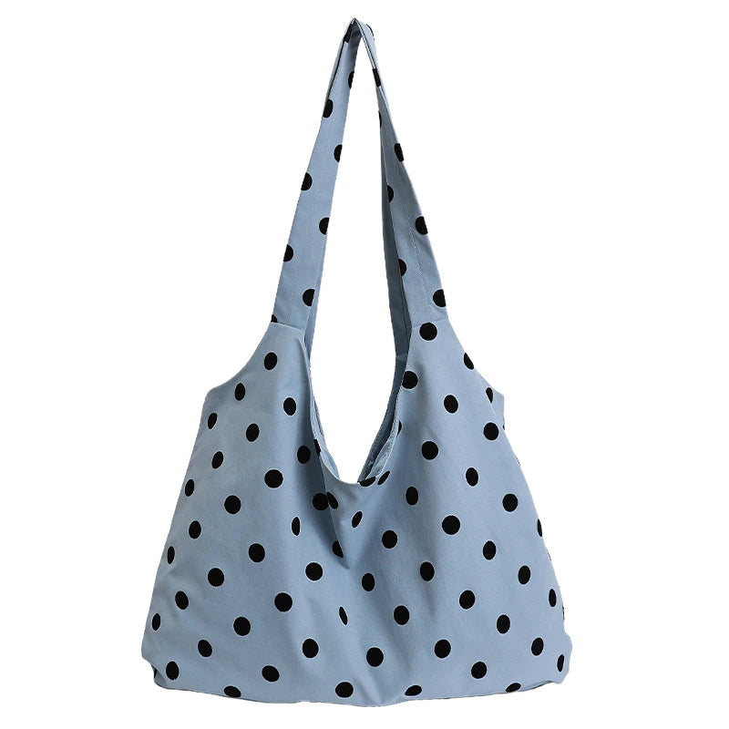 Korean Polka Dot Canvas Tote Bag – Retro Minimalist Shoulder Bag Canvas Tote Bag Nixie