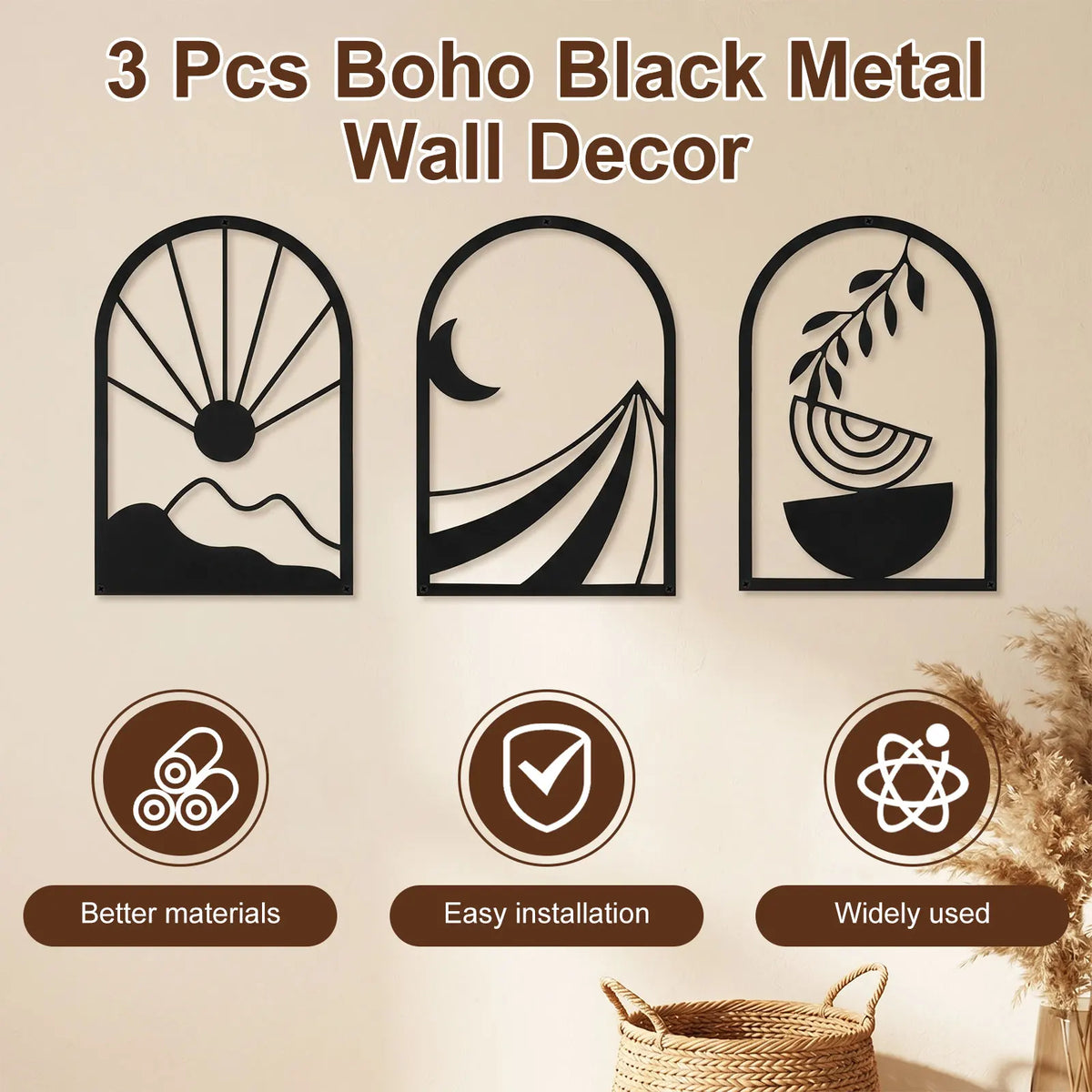 Boho Metal Wall Art 3-Piece Black Minimalist Sculpture Set Metal Wall Art Nixie