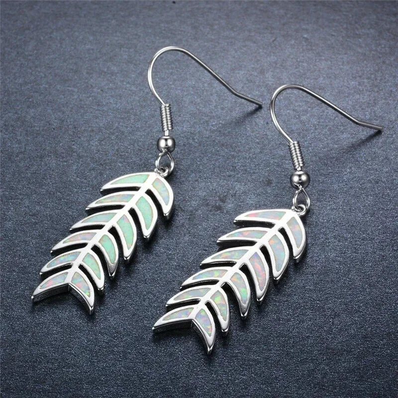 Vintage Simulated Opal Feather Dangle Drop Earrings | Retro Dangle Drop Earrings Nixie