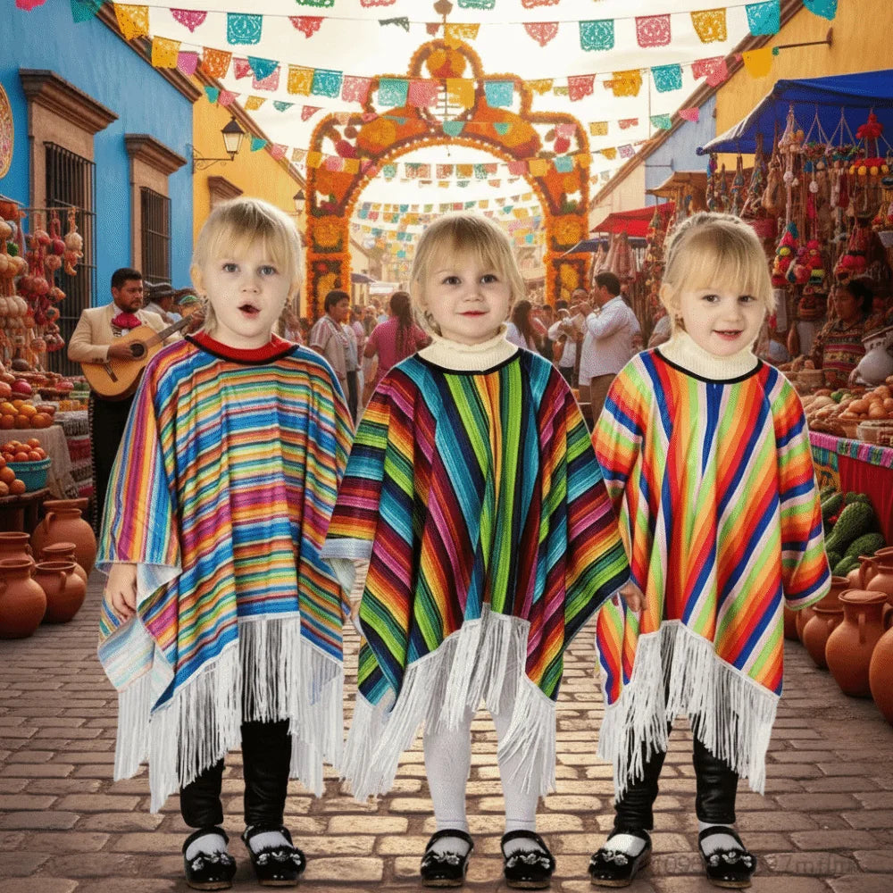 Kids Mexican Poncho Striped Ethnic Costume Cape w/ Tassels Kids Costume Cape Nixie