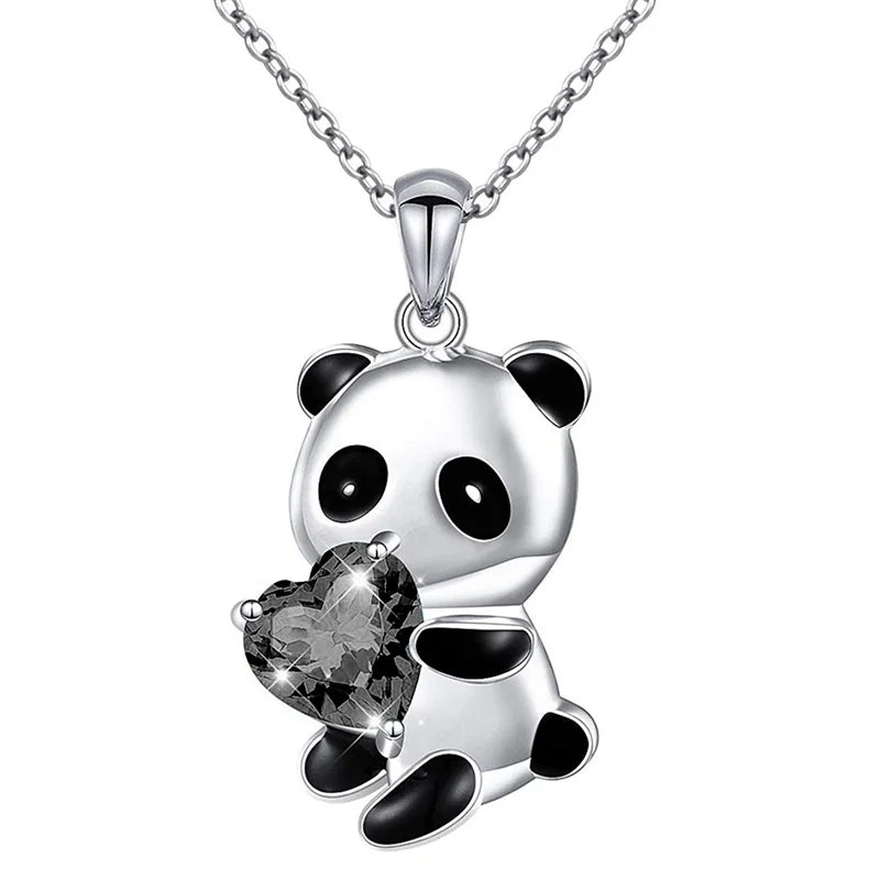 Panda Bear Heart Charm Necklace – Purple Glass Pendant Pendant Necklace Nixie Black