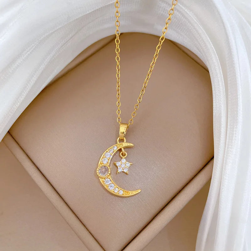 Star Moon Pendant Necklace – Gold Stainless Steel Choker Women Pendant Necklace Nixie