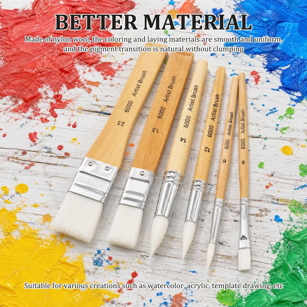 6-Piece Nylon Stencil & Watercolor Paint Brush Set, Wood Handle Paint Brush Set Nixie