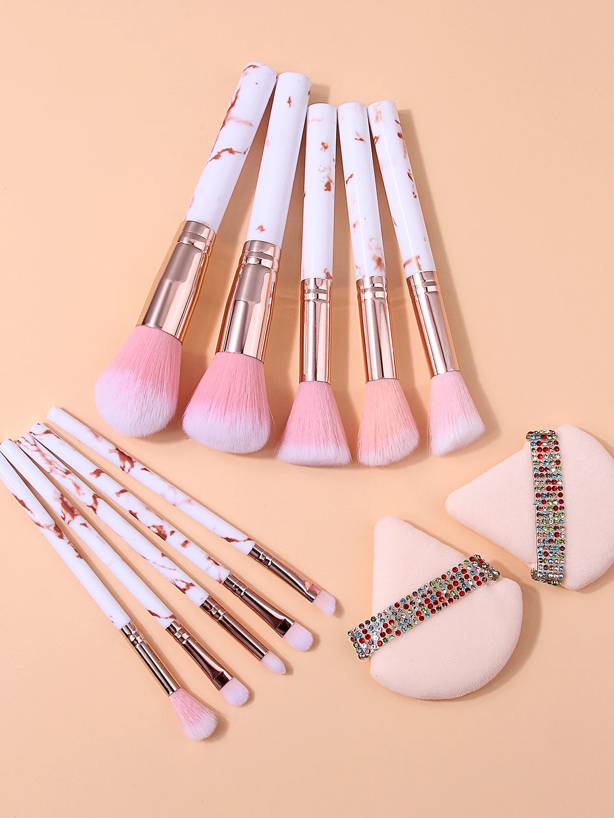 12-Piece Marble Makeup Brush Set with Rhinestone Puffs | Nixie Makeup Brush Set Nixie
