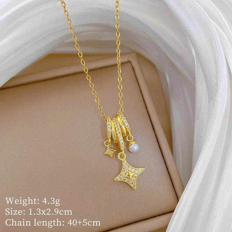 Gold Star Pendant Choker Necklace – Stainless Steel & Zircon