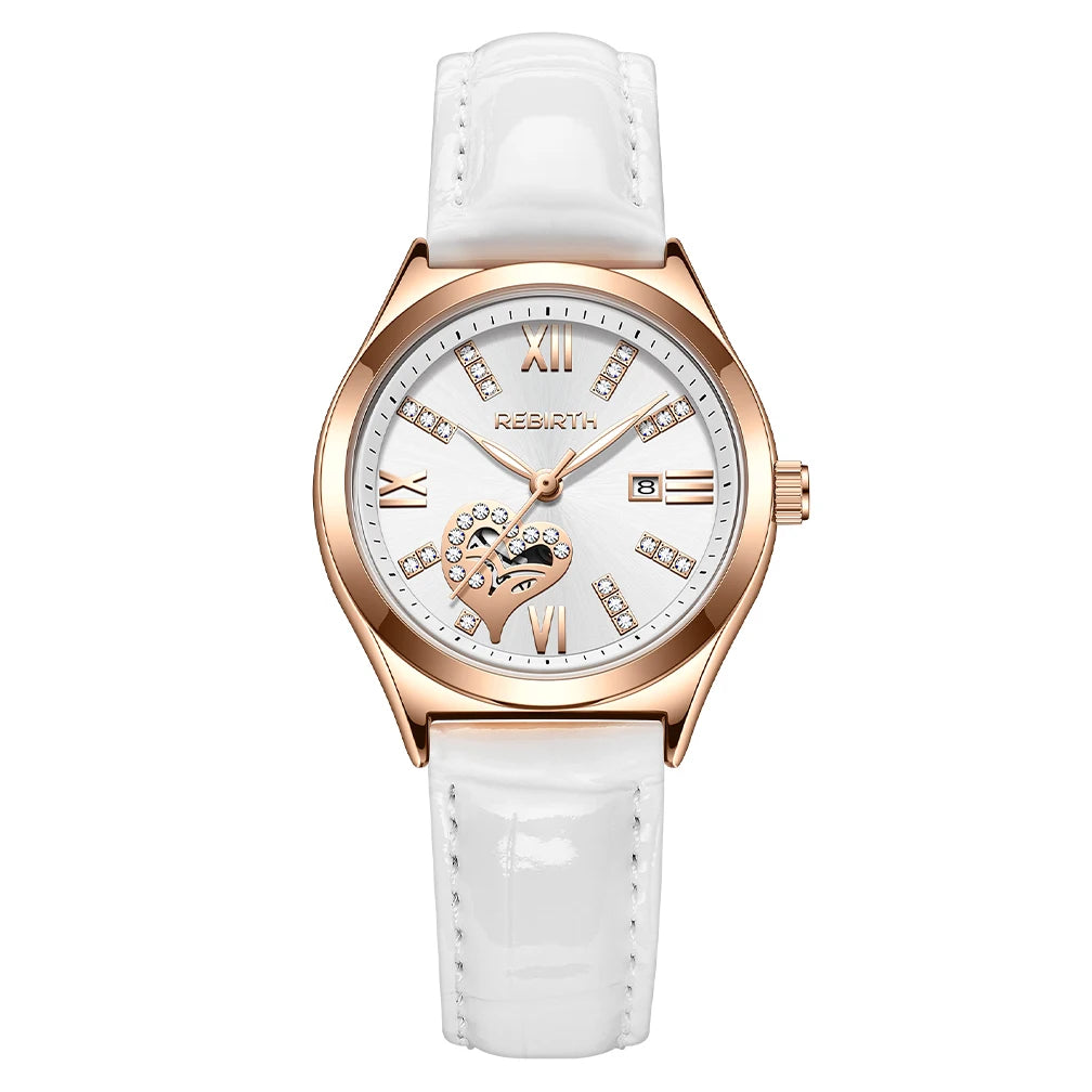 REBIRTH Women's Quartz Watch | Leather Band Roman Numeral Quartz Watch Nixie WHITE
