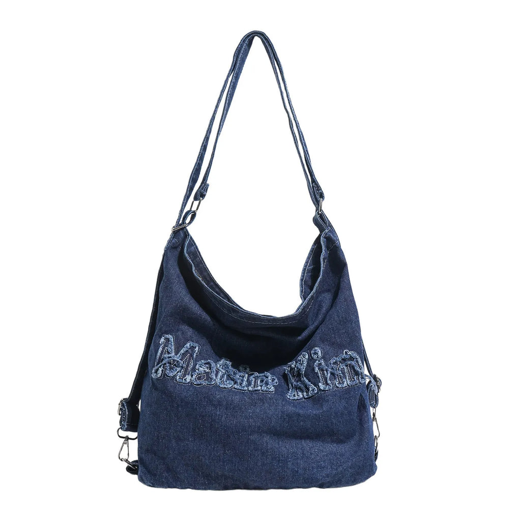 Women's Washed Denim Embroidered Backpack Tote | Nixie Bag Denim Backpack Tote Nixie Dark blue wash
