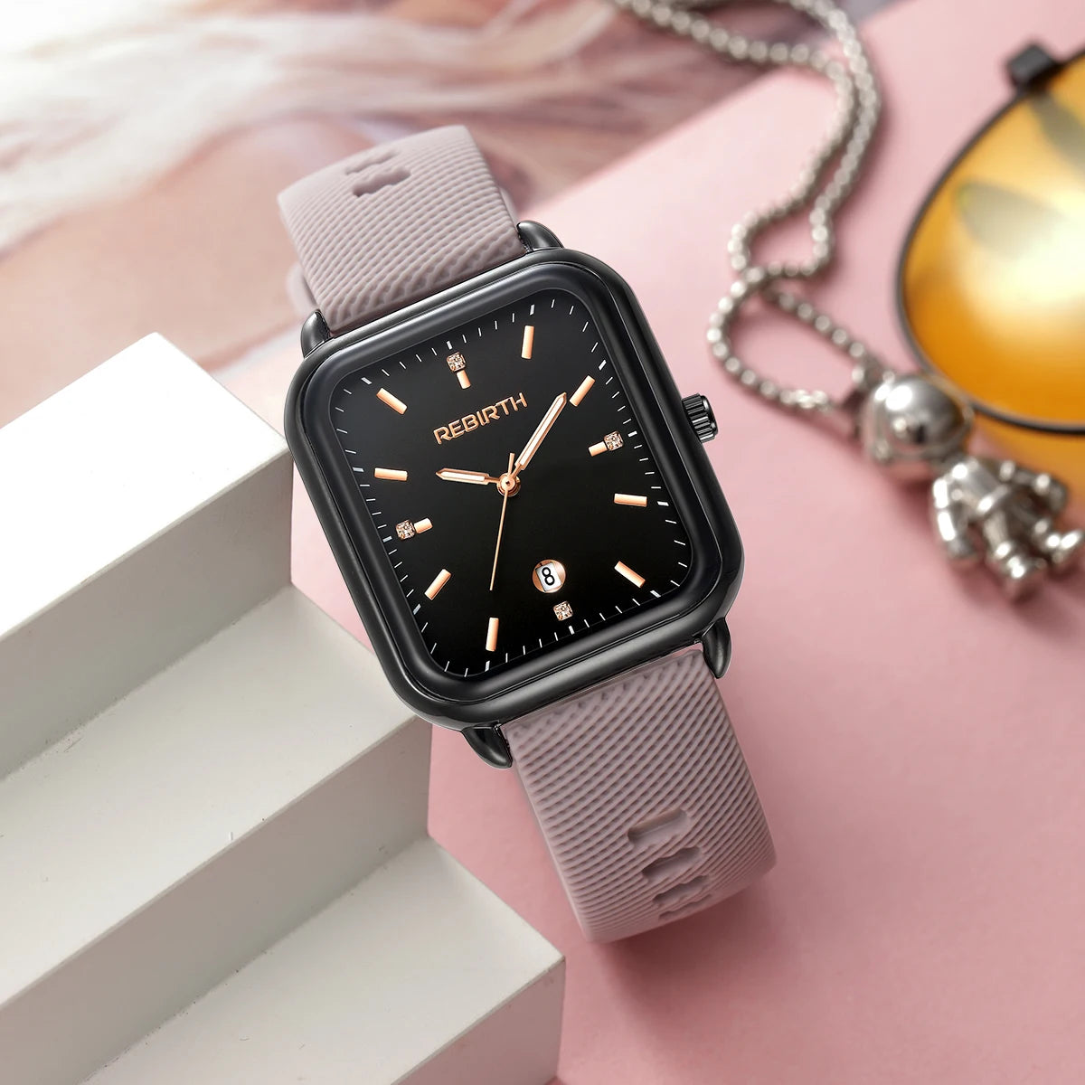 REBIRTH Women's Macaron Quartz Watch | Silicone Strap Calendar Women's Quartz Watch Nixie
