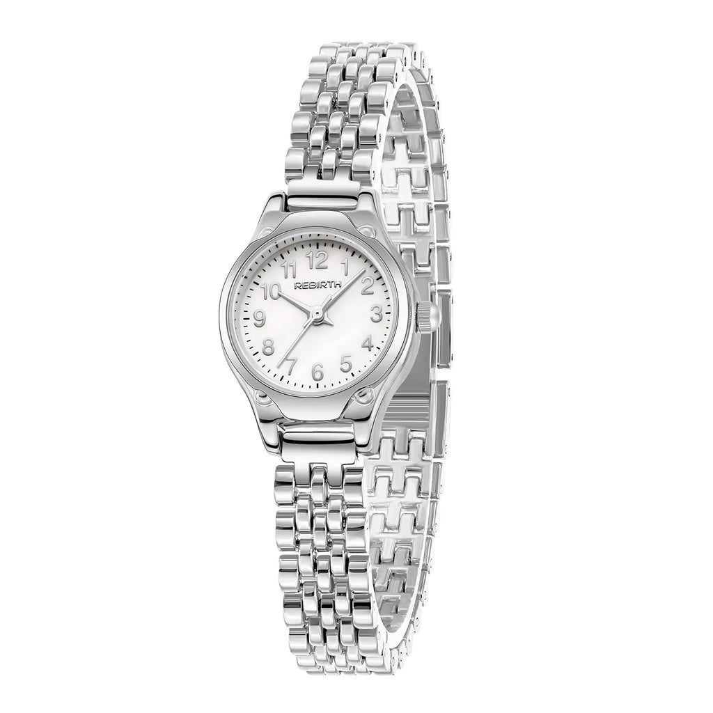 REBIRTH Ladies Elegant Quartz Watch – Stainless Steel Band Ladies Quartz Watch Nixie Silver