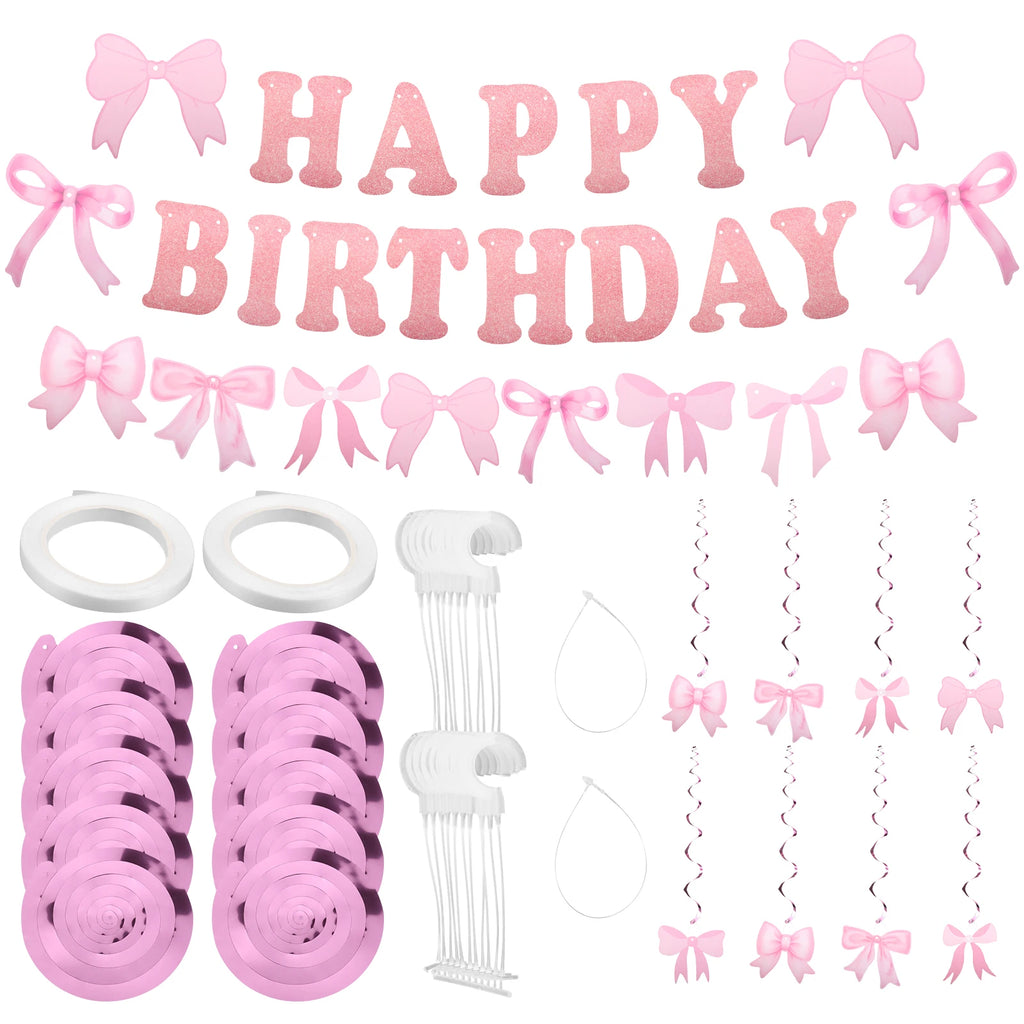 Pink Bow Happy Birthday Banner & Swirl Party Decoration Set Party Banner Set Nixie pink 65 Style 1