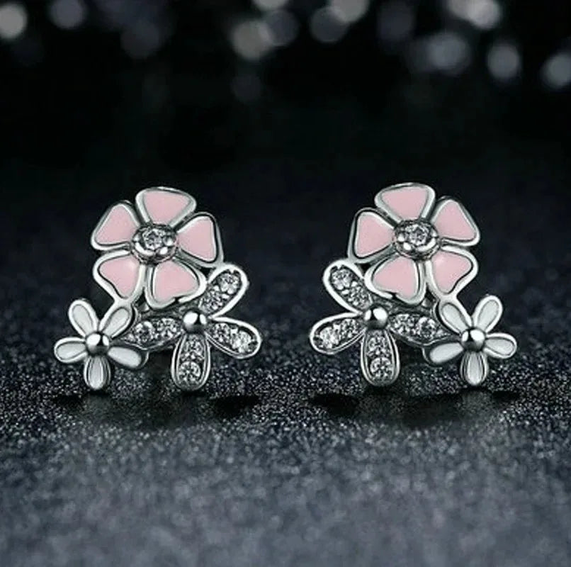 Floral Daisy Stud Earrings – Pink Crystal Rhinestone Zinc Alloy Stud Earrings Nixie