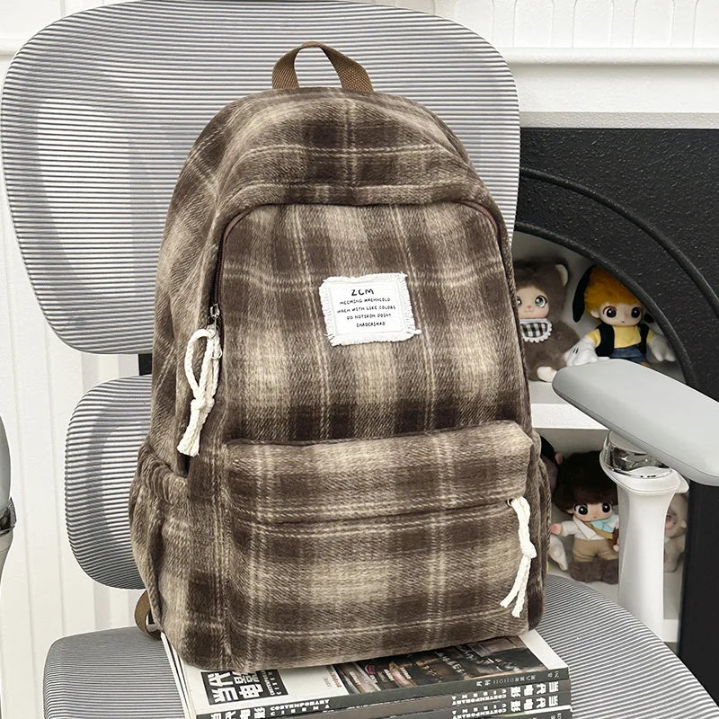 Korean Style Plaid Woolen Backpack – Vintage Large Capacity Woolen Plaid Backpack Nixie