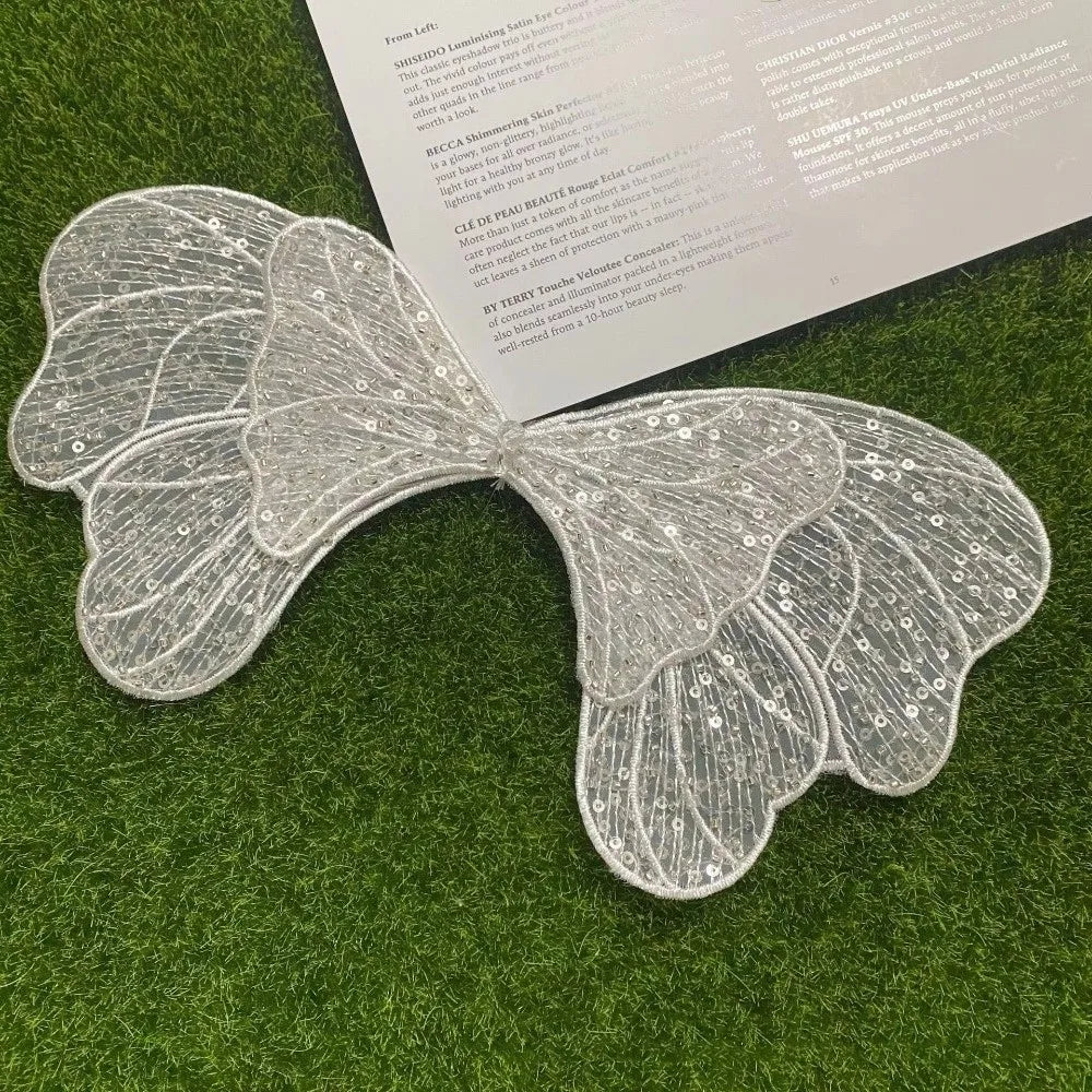 Silvery Bow Lace Patch – Sequin Bead Embroidery Bridal Appliqué
