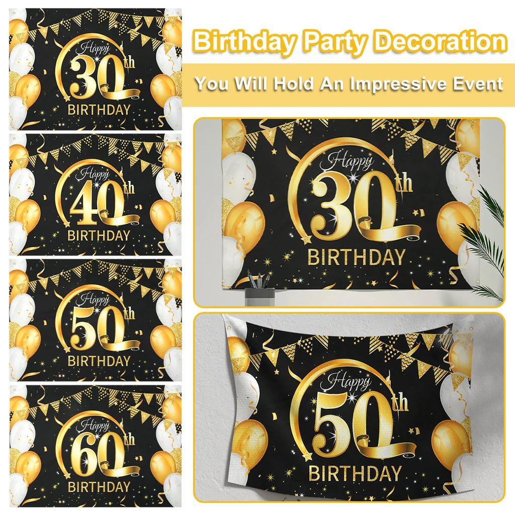 Black Gold Happy Birthday Banner 30th 40th 50th 60th Party Party Banner Nixie