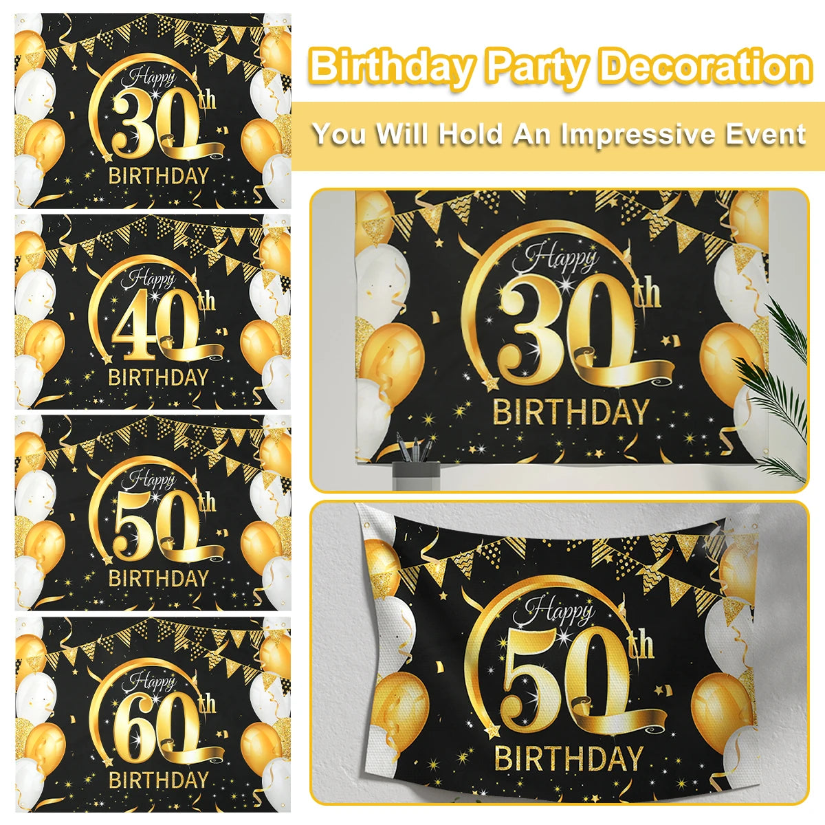 Black Gold Happy Birthday Banner 30th 40th 50th 60th Party