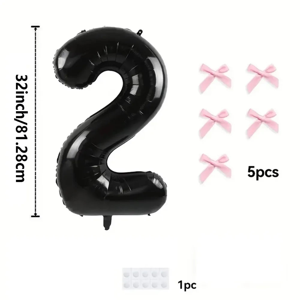 32 Inch Black Number Balloon with Pink Bows | Foil Party Decor Party Balloon Decoration Nixie