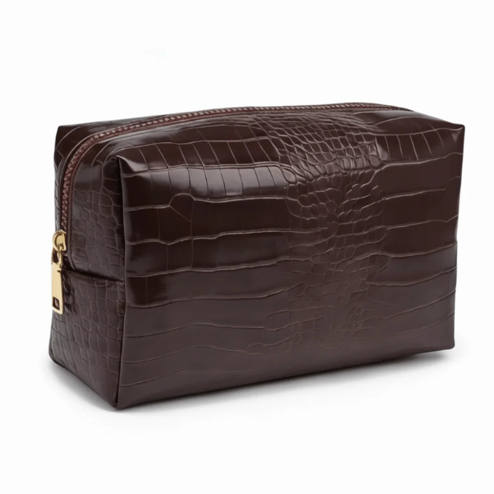 PU Leather Makeup Bag Waterproof Crocodile Embossed Travel Pouch Cosmetic Travel Bag Nixie Coffee