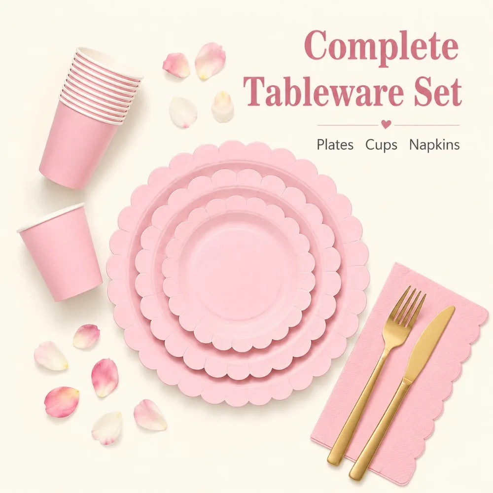 Pink Scalloped Disposable Tableware Set – Plates, Cups & Napkins Disposable Tableware Set Nixie