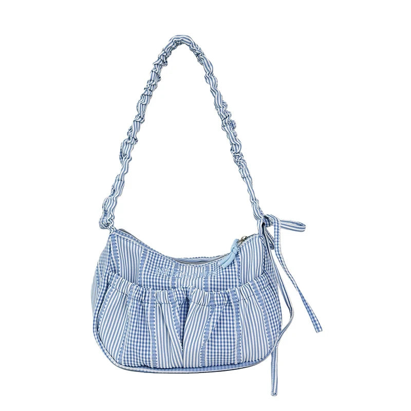 Blue White Plaid Lace Drawstring Crossbody Shoulder Bag