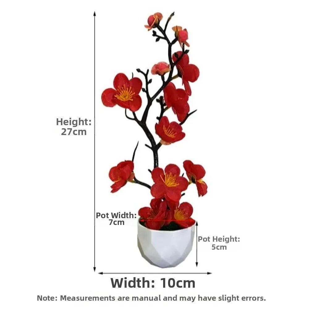 Red Artificial Plum Blossom Bonsai – Fake Flower Potted Plant Artificial Potted Plant Nixie