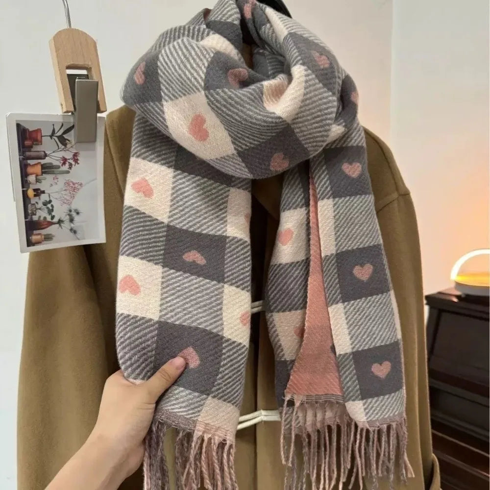 Women's Love Heart Plaid Tassel Scarf – Imitation Cashmere Women's Scarf Shawl Nixie