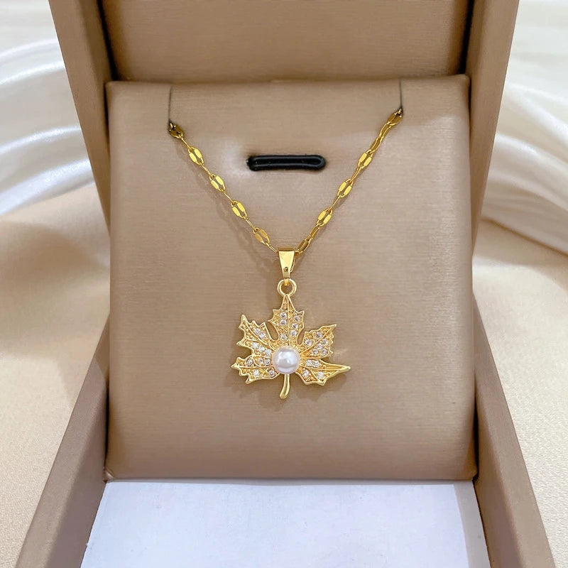 Maple Leaf Pendant Necklace | Gold Stainless Steel | Nixie Pendant Necklace Nixie
