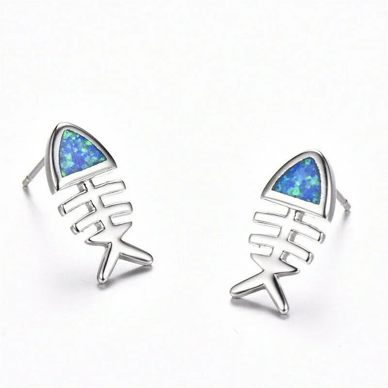 Fish Hook Dangle Earrings – Simulated Opal Drop Design