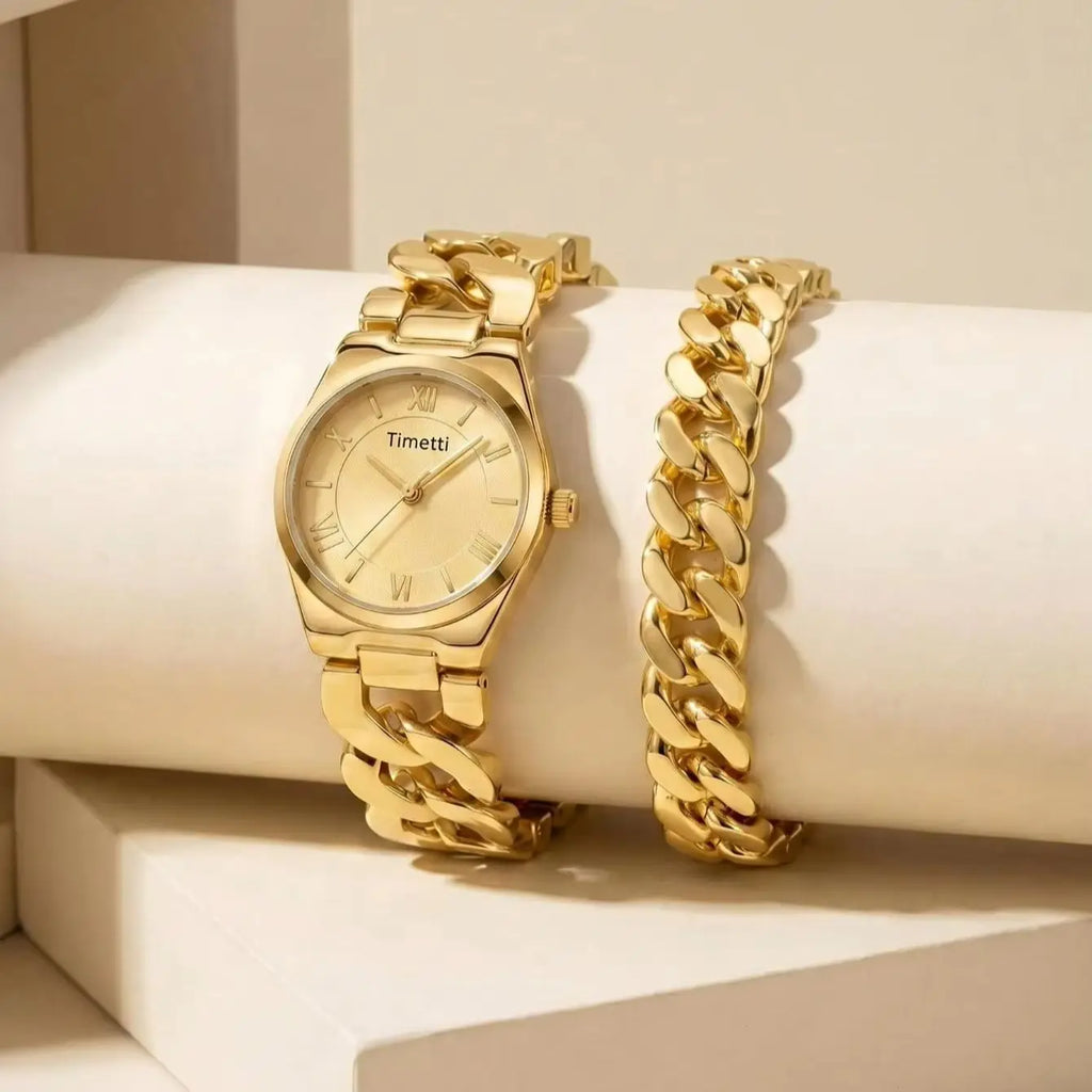 Women's Gold Watch & Bracelet Set | Quartz Roman Numeral Watch & Bracelet Set Nixie
