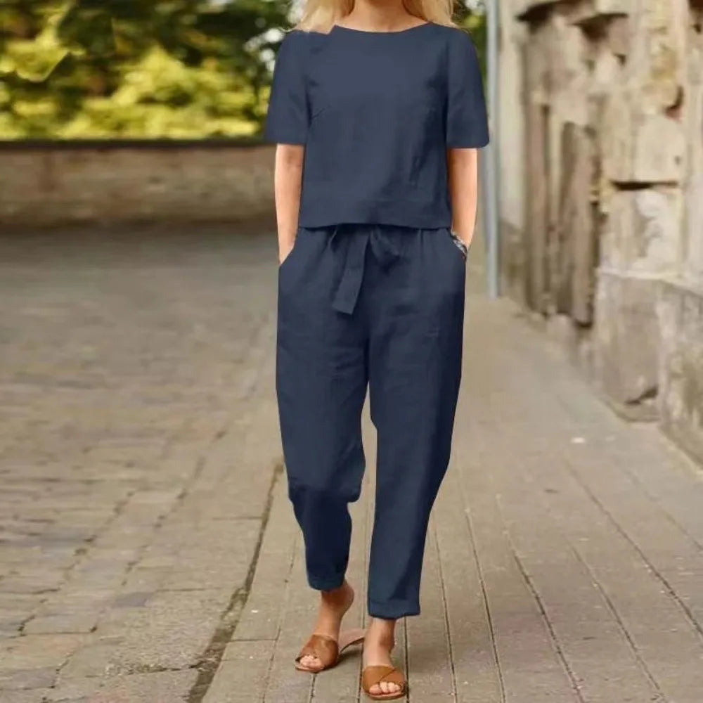 Women's Cotton Linen Two-Piece Wide-Leg Suit | Summer Set Women's Two-Piece Set Nixie
