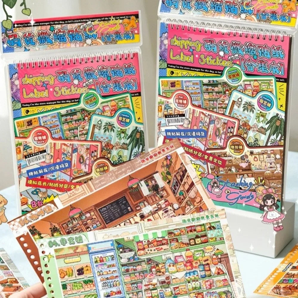 Miniature Shop Scene Sticker Book – 8 Scenes & 24 Sheets DIY Craft Sticker Book Nixie