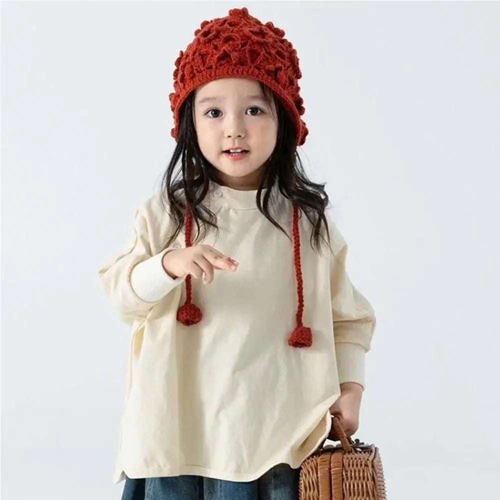 Kids Handmade Knitted Beret Hat – Bohemian Hollow Flower Cap Kids Knitted Beret Nixie