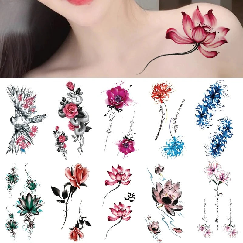 Rose Floral Temporary Tattoo Sticker – Waterproof Body Art Temporary Tattoo Nixie