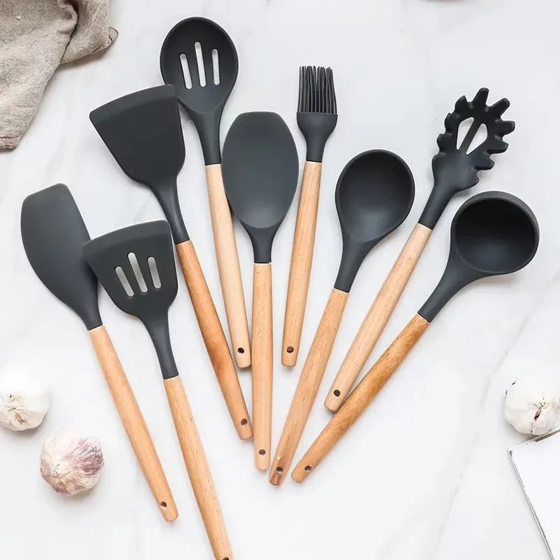 12-Piece Silicone Kitchen Utensils Set – Wooden Handles Silicone Utensil Set Nixie