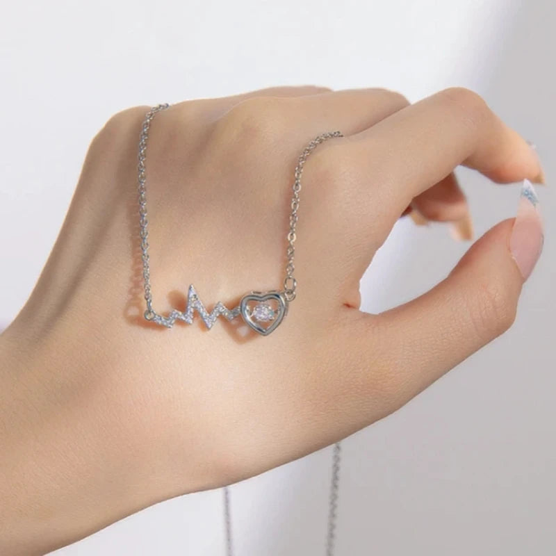 Heart ECG Copper Pendant Necklace | Stainless Steel Clavicle Chain Pendant Necklace Nixie