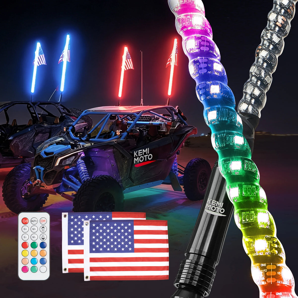 KEMIMOTO 2ft LED Whip Lights RF Remote IP67 UTV ATV RZR LED Whip Lights Nixie