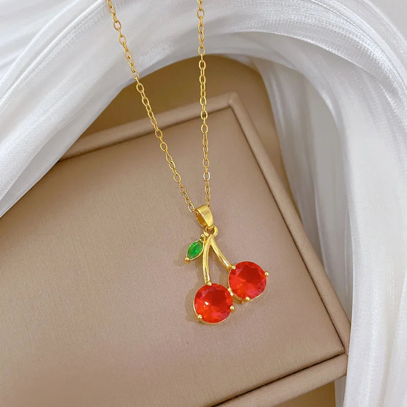 Cherry Pendant Necklace | Gold Stainless Steel Clavicle Chain Pendant Necklace Nixie