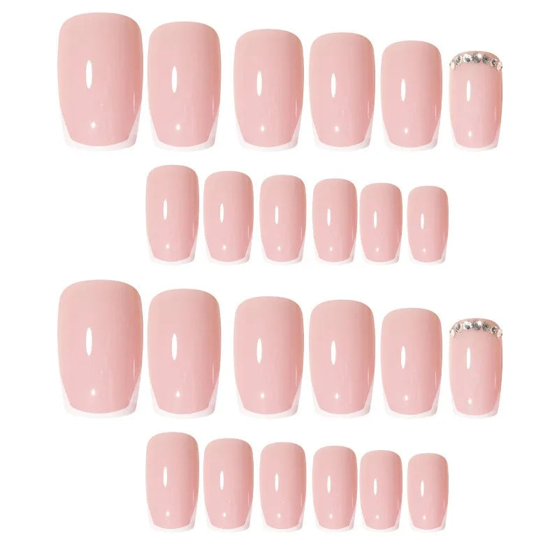 Short French Rhinestone False Nails – 24Pcs Handmade Set False Nail Set Nixie