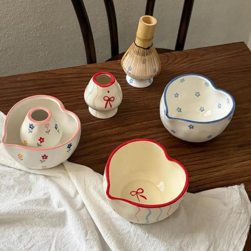 Heart Print Ceramic Matcha Bowl & Whisk Holder Set – 2Pcs Ceramic Matcha Set Nixie