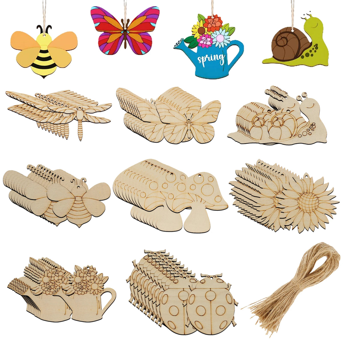 80-Piece DIY Blank Wood Cutout Ornaments Set with String