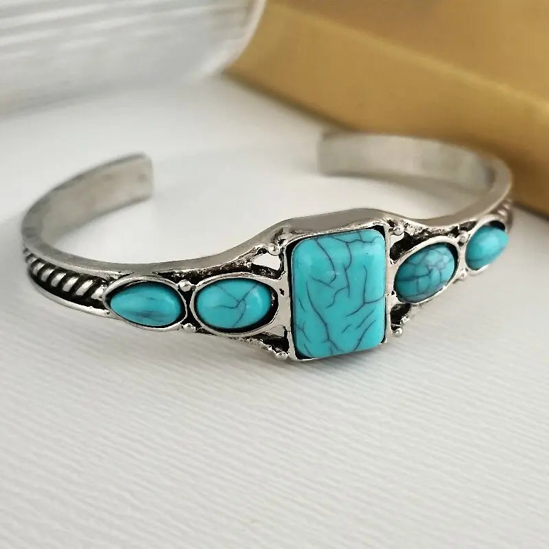 Retro Turquoise Carved Hollow Cuff Bracelet | Adjustable
