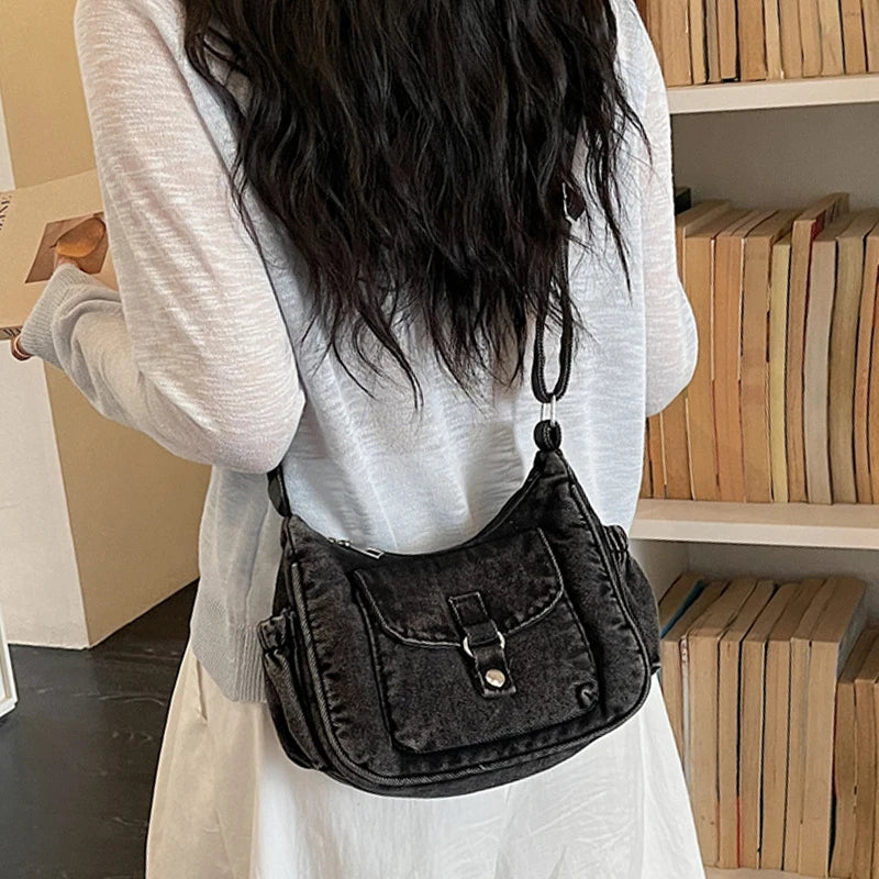 Korean Minimalist Denim Crossbody Crescent Bag for Women Denim Crossbody Bag Nixie