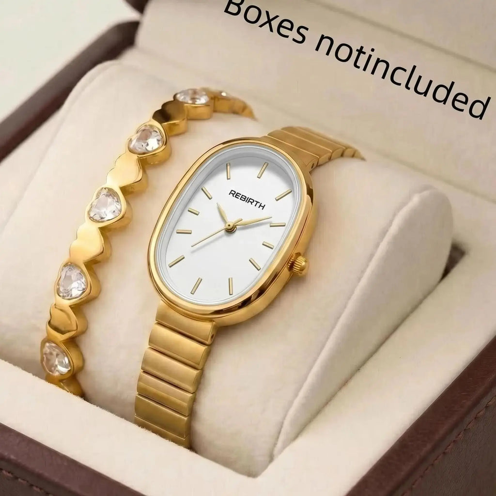 Women's Gold Watch & Bracelet Set – 2-Piece Quartz Fashion Women's Watch Set Nixie