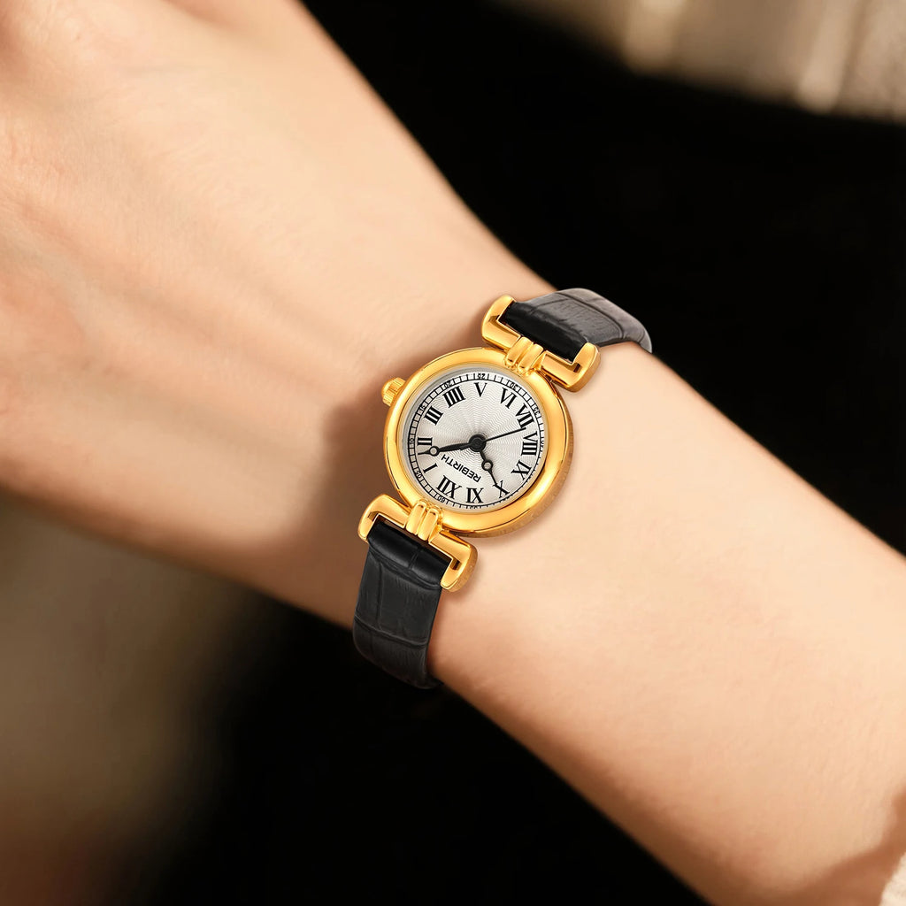 REBIRTH Retro Quartz Women's Watch – Black Leather Strap Women's Quartz Watch Nixie