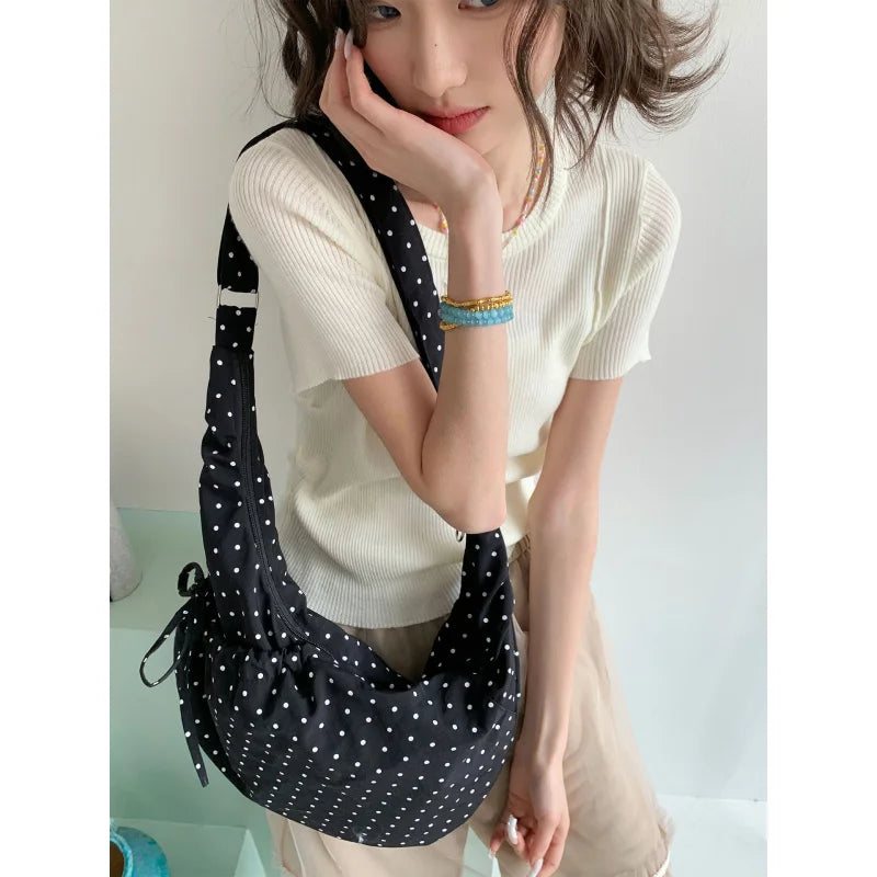 Korean Polka Dot Pleated Crossbody Tote Bag | Large Capacity Crossbody Shoulder Bag Nixie