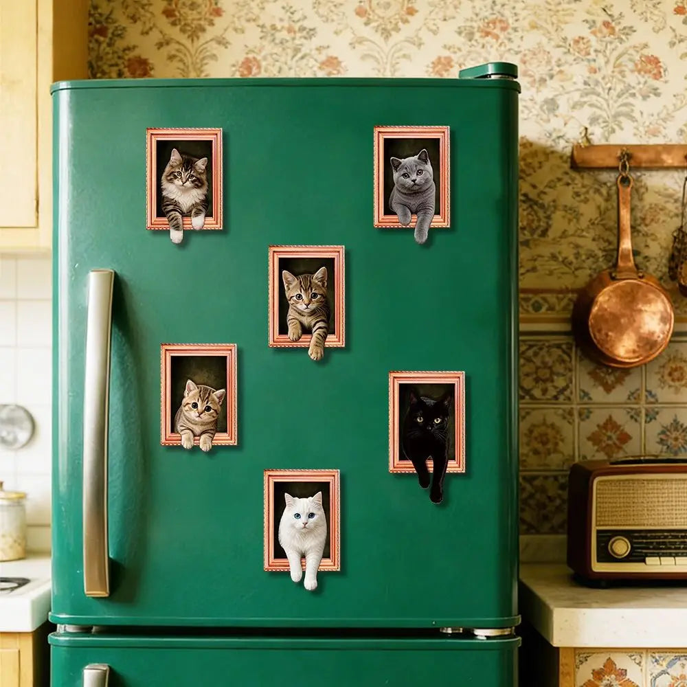 3D Cat Fridge Magnets – Vintage Oil Painting Wooden Frame Decorative Fridge Magnet Nixie