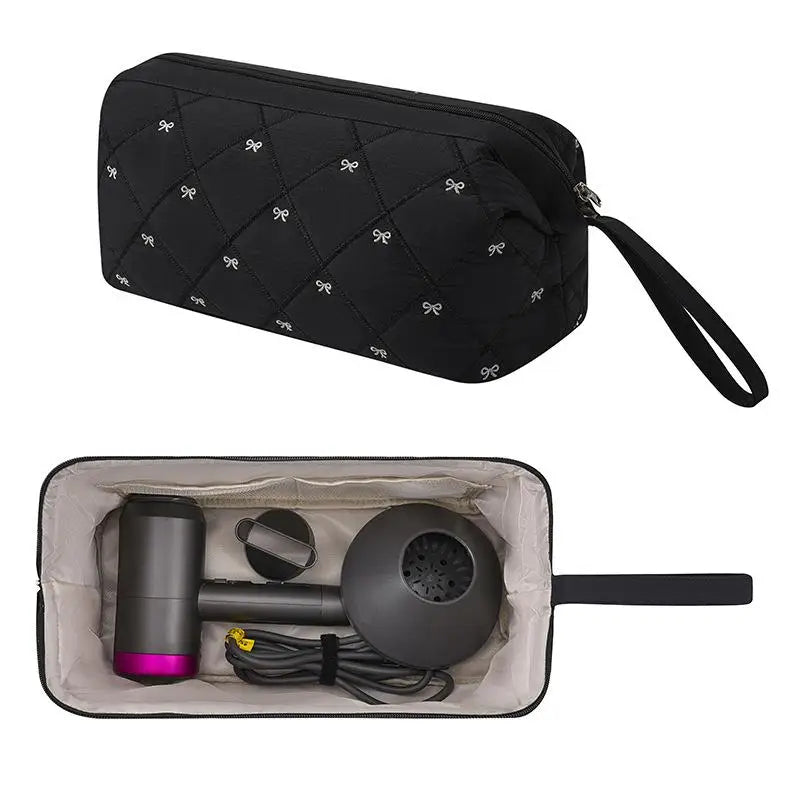 Quilted Hair Dryer Bag – Bow Embroidery Travel Storage Organizer