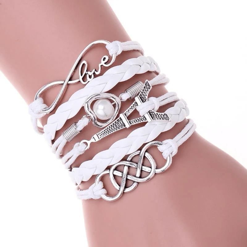 Multilayer Braided Cord & Pearl Bead Bracelet – Unisex Punk Strand Bracelet Nixie 4-white